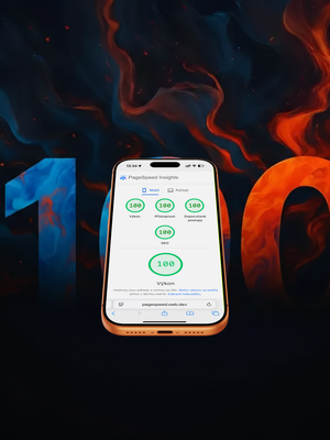 iPhone 17 Pro Orange s PageSpeed skóre 100 / 100 / 100 / 100 a abstraktní velkou číslicí 100 v pozadí